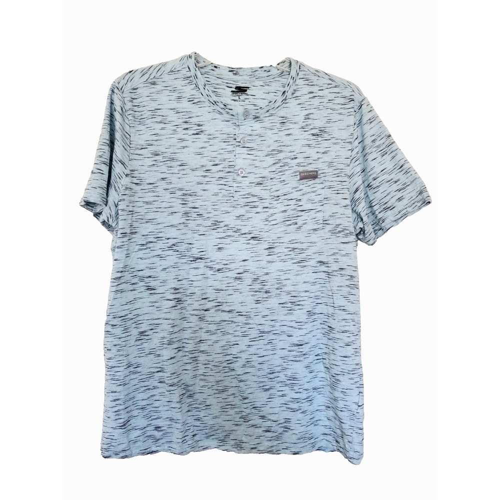 Skechers Mens Henley Shirt Large Light Blue Space Dye Short Sleeve Pocket Tee
